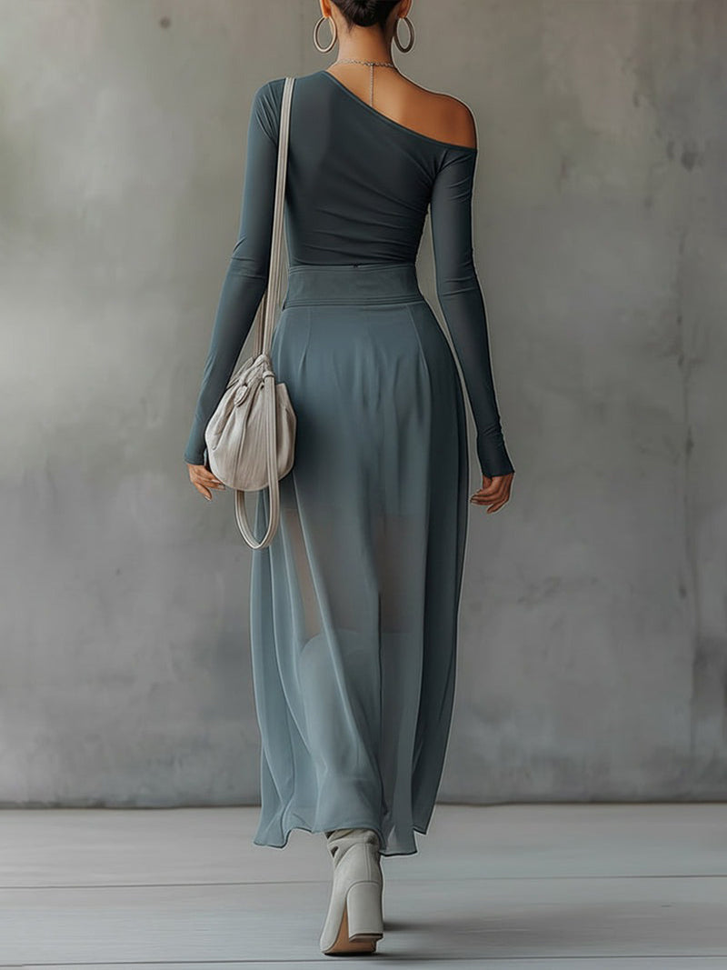 Ninfa - abito Lungo Monospalla con Spacco da donna, colore blu polvere, vista 5