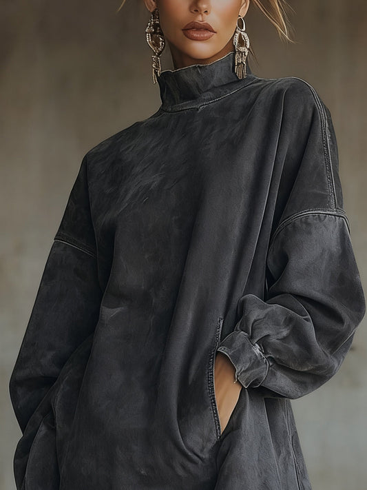 Selvaggia - mini abito scamosciato a collo alto con frange da donna, colore grigio antracite, vista 2