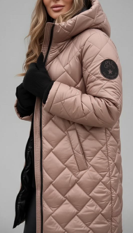 Elide - piumino trapuntato lungo con cappuccio da donna, colore rosa