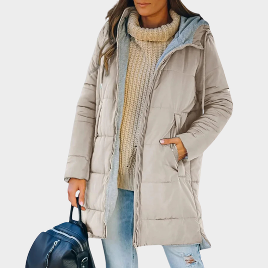 Iride - piumino lungo con cappuccio casual da donna, colore beige