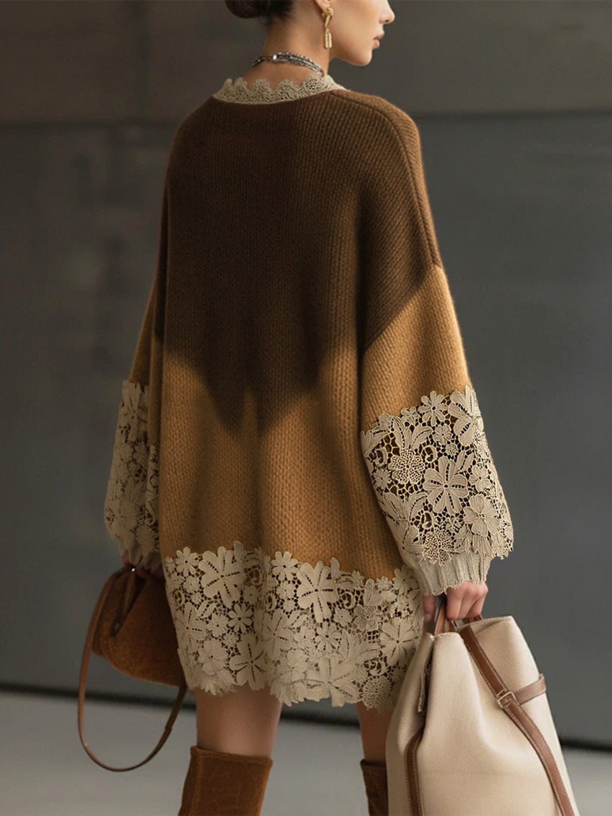 Brunella - mini Abito in Maglia Sfumata con Pizzo da donna, colore marrone sfumato, vista 5