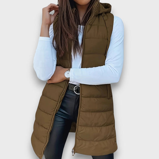 Graziana - gilet trapuntato con cappuccio da donna, colore cachi