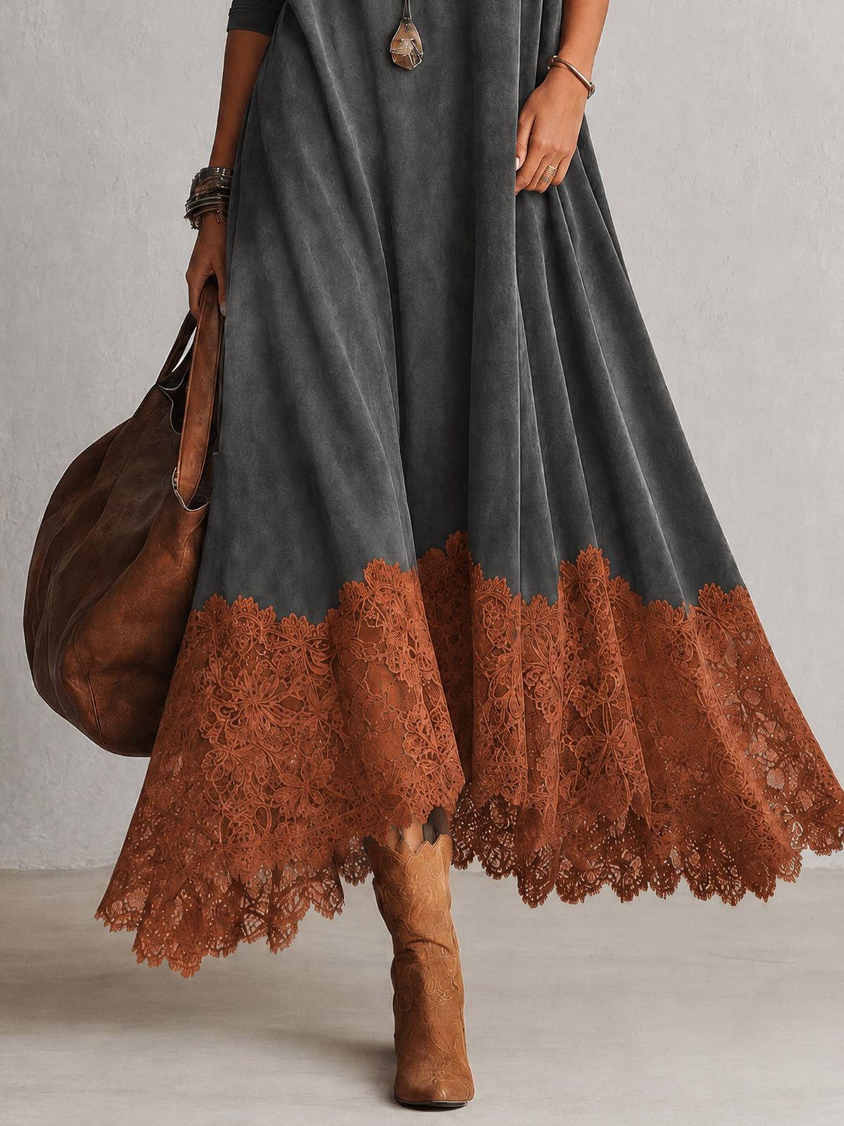Eufemia - abito Lungo Scamosciato con Orlo in Pizzo da donna, colore grigio, vista 3