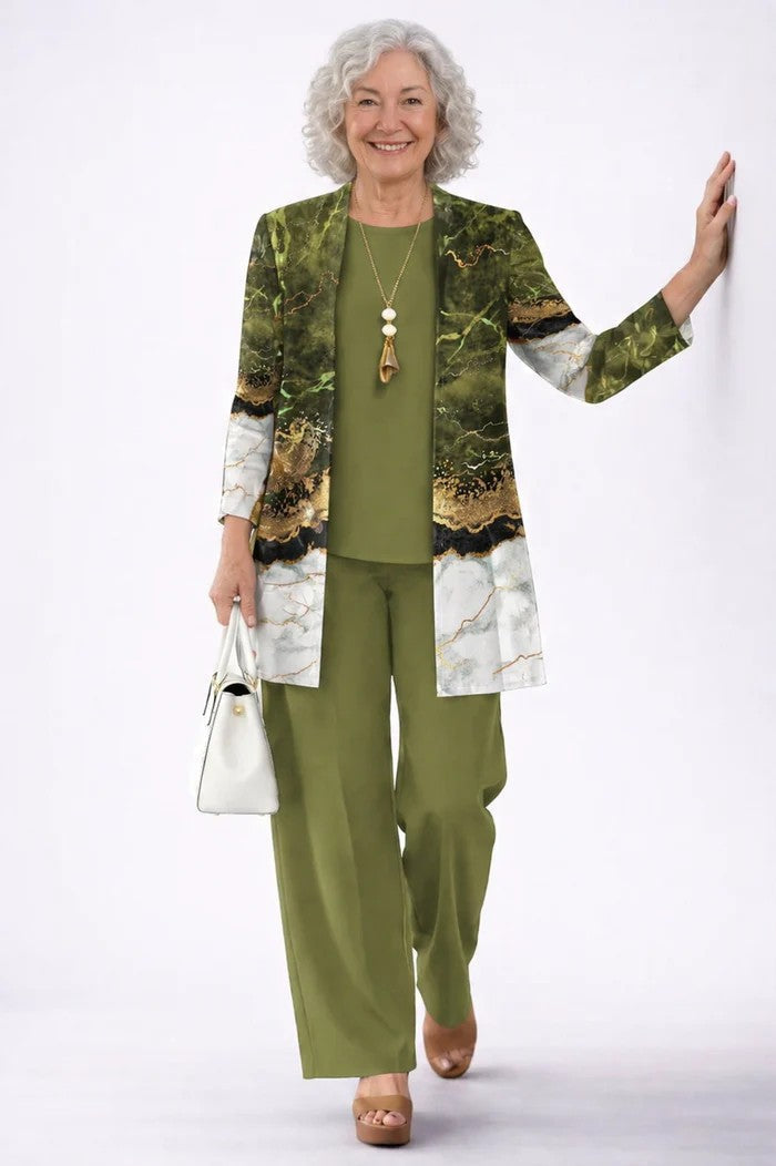 Anastasia - Completo tre pezzi con cardigan lungo Verde Oliva