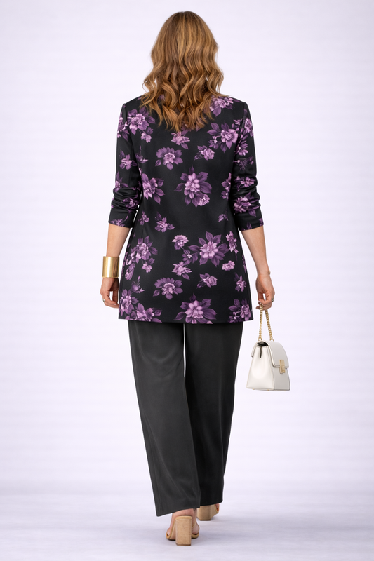Domenica - Completo tre pezzi con cardigan lungo Viola e Nero