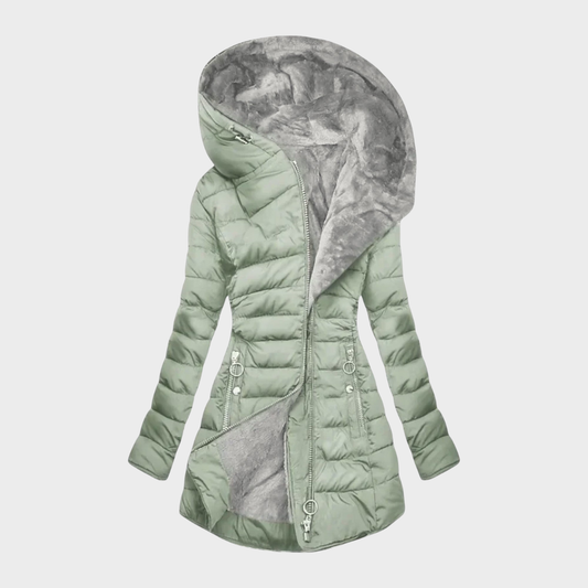 Natalia - piumino trapuntato con cappuccio in pile da donna, colore verde chiaro