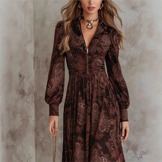Fausta - abito Lungo con Stampa Cachemire da donna, colore marrone scuro, vista 2