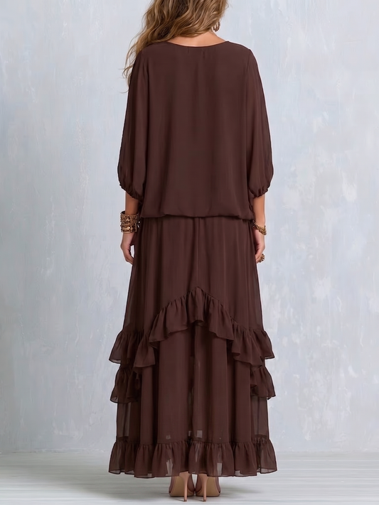 Manuela | Completo in Chiffon Marrone con Volant
