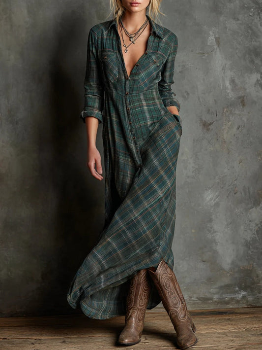 Gina - abito Chemisier Lungo a Quadri da donna, colore verde