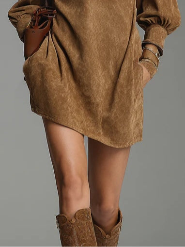 Elsa - mini Abito Scamosciato con Zip e Collo Alto da donna, colore marrone, vista 3
