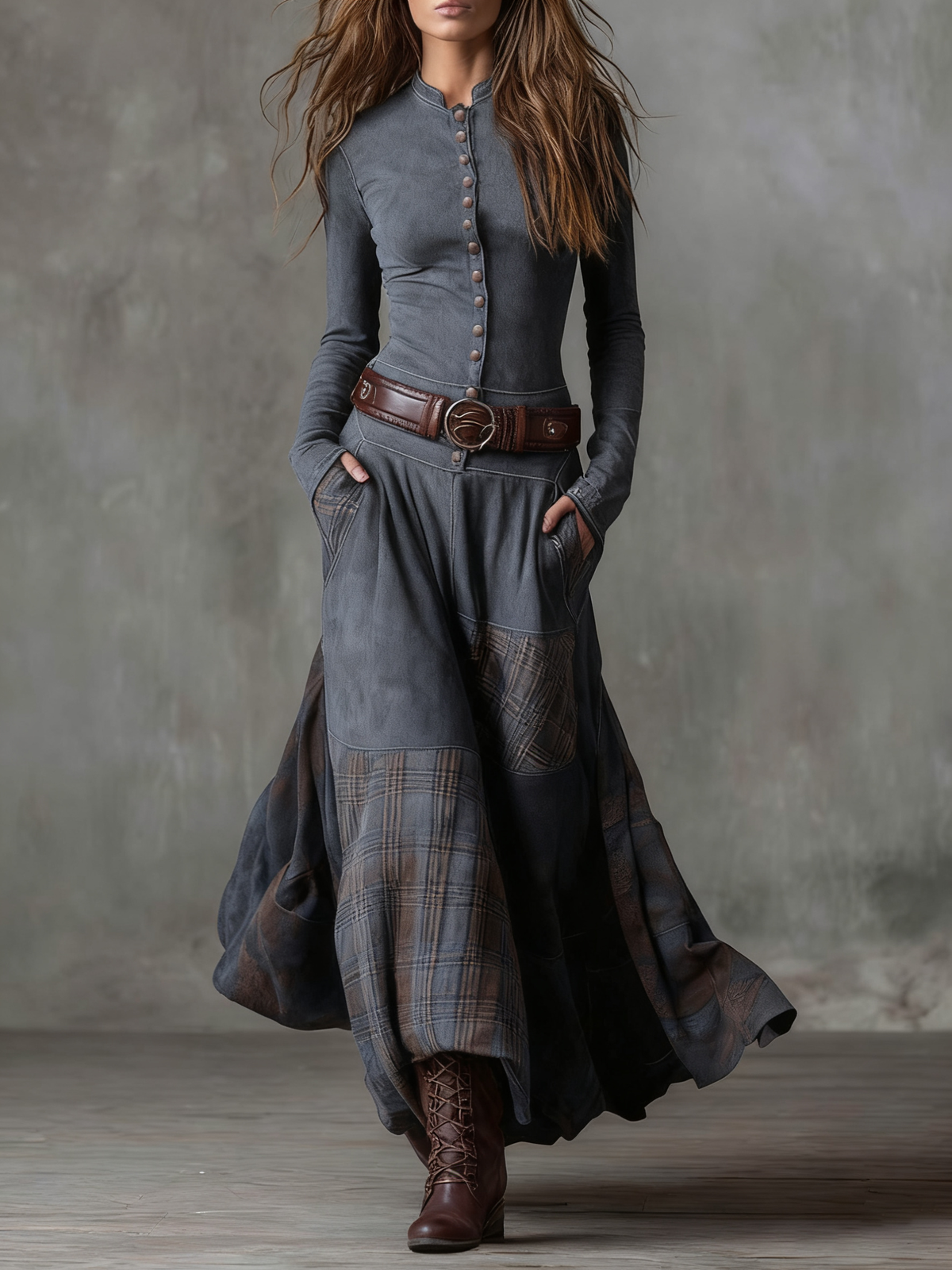 Ippolita - abito Lungo Scamosciato con Gonna Patchwork e Cintura da donna, colore grigio