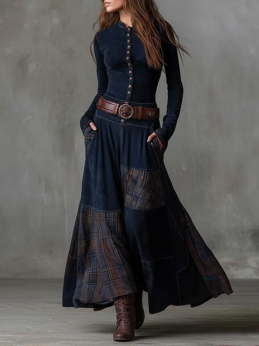 Ippolita - abito Lungo Scamosciato con Gonna Patchwork e Cintura da donna, colore blu navy