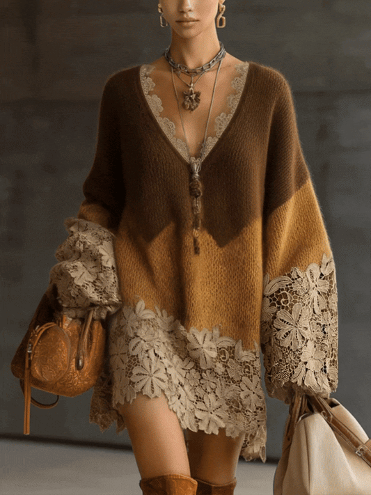 Brunella - mini Abito in Maglia Sfumata con Pizzo da donna, colore marrone sfumato, vista 2