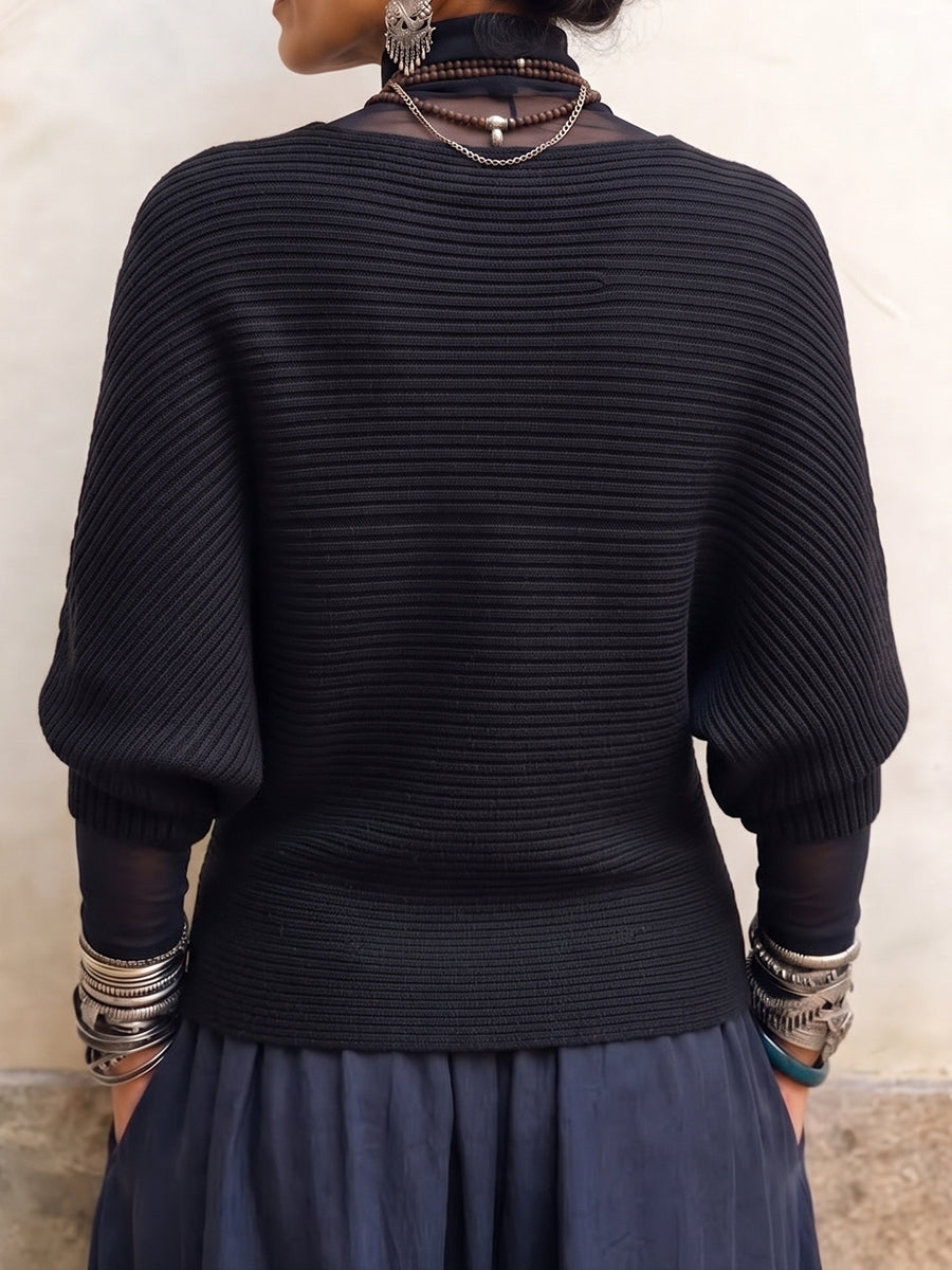 Ivonne - maglione a coste con strisce incrociate da donna, colore nero, vista 3