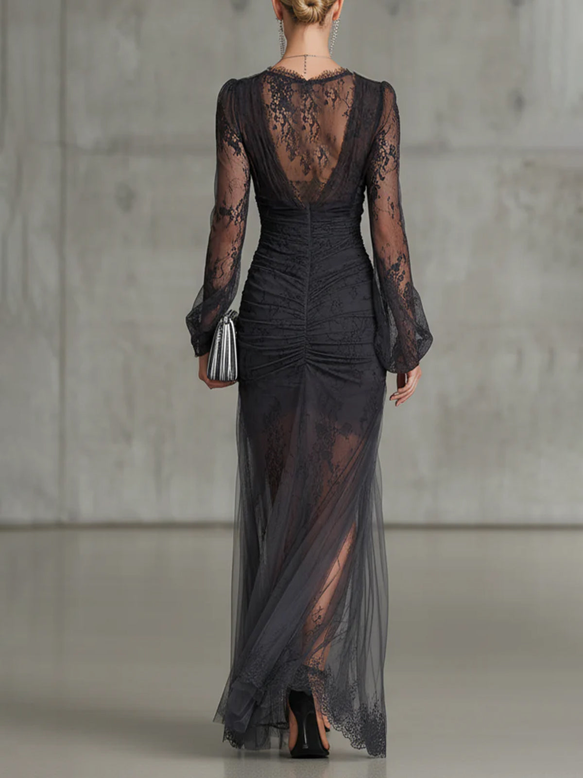 Desideria - abito Lungo in Pizzo Nero con Spacco da donna, colore nero, vista 5
