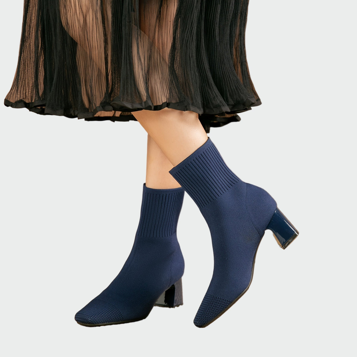 Mina - Stivaletti in Maglia con Tacco Quadrato Blu