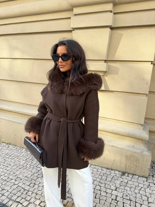 Lea - cappotto Marrone con Bordi in Pelliccia da donna, colore marrone, vista 2