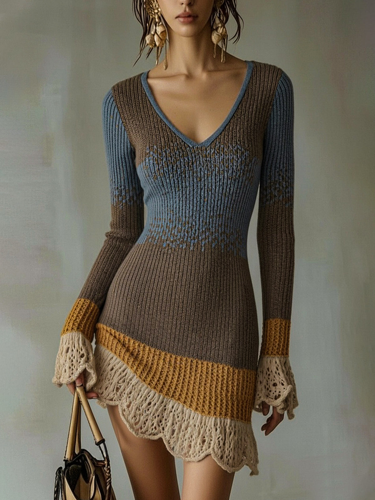 Floriana - mini Abito in Maglia Multicolore con Volant in Pizzo da donna, colore multicolore