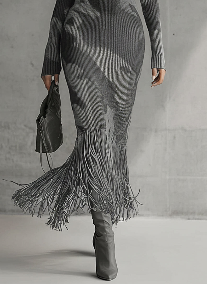 Mirta - abito Lungo in Maglia Mimetica con Frange da donna, colore grigio, vista 3