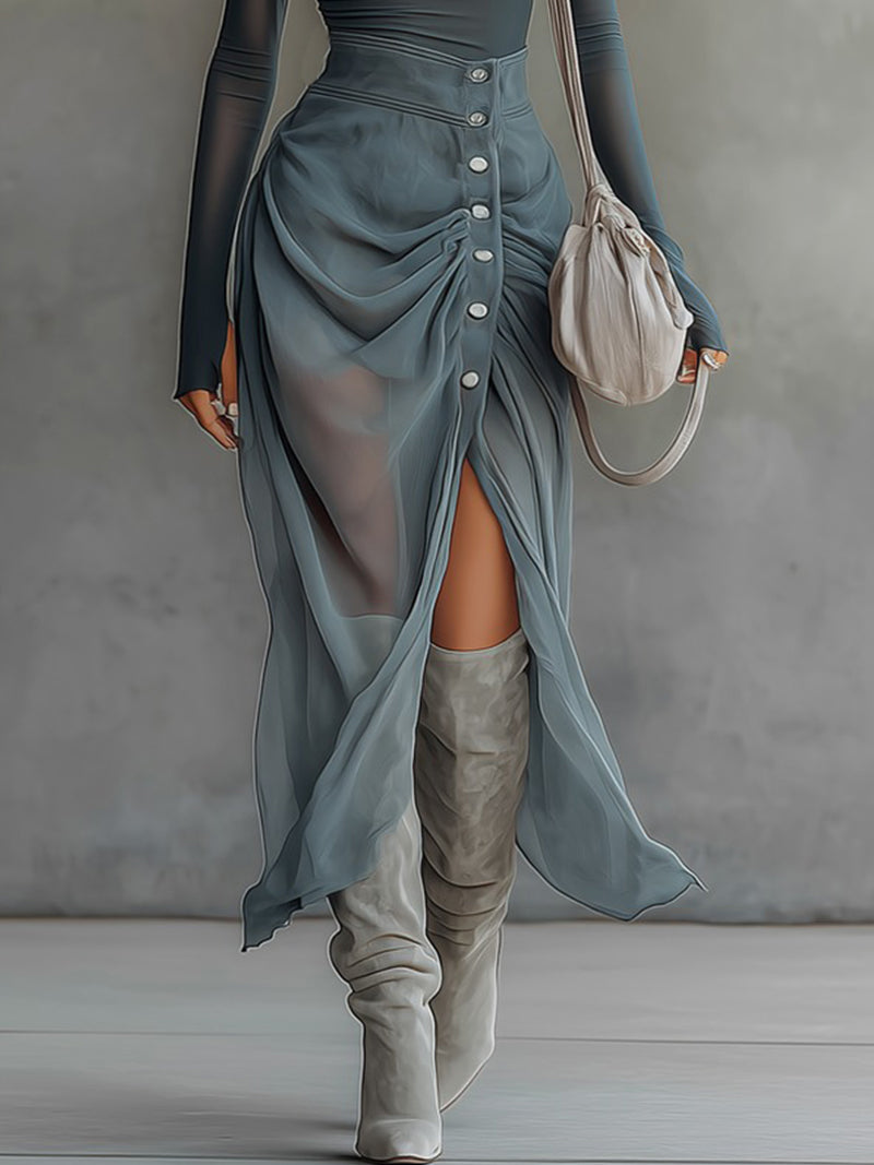 Ninfa - abito Lungo Monospalla con Spacco da donna, colore blu polvere, vista 4