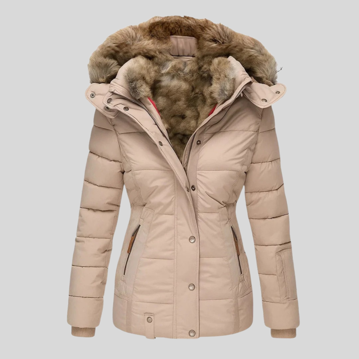 Evelina - parka trapuntato con cappuccio in pelliccia da donna, colore beige
