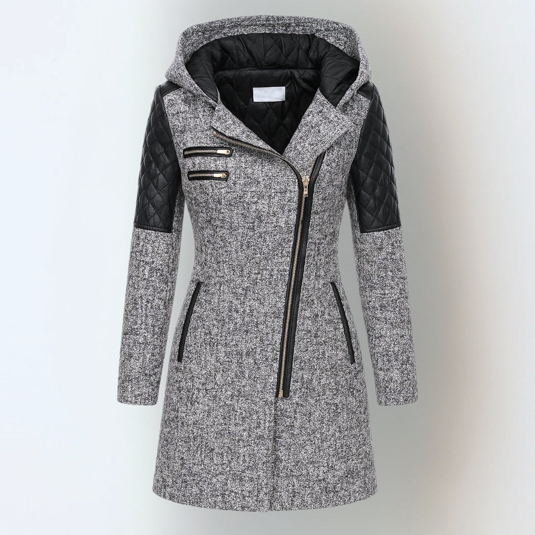 Cesarina - cappotto con zip asimmetrica e cappuccio da donna, colore grigio chiaro