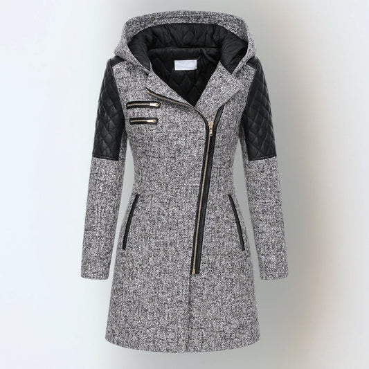 Cesarina - cappotto con zip asimmetrica e cappuccio da donna, colore grigio chiaro