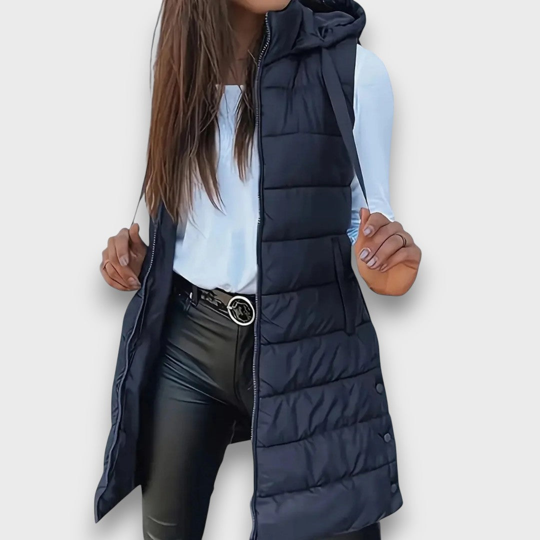 Graziana - gilet trapuntato con cappuccio da donna, colore blu navy