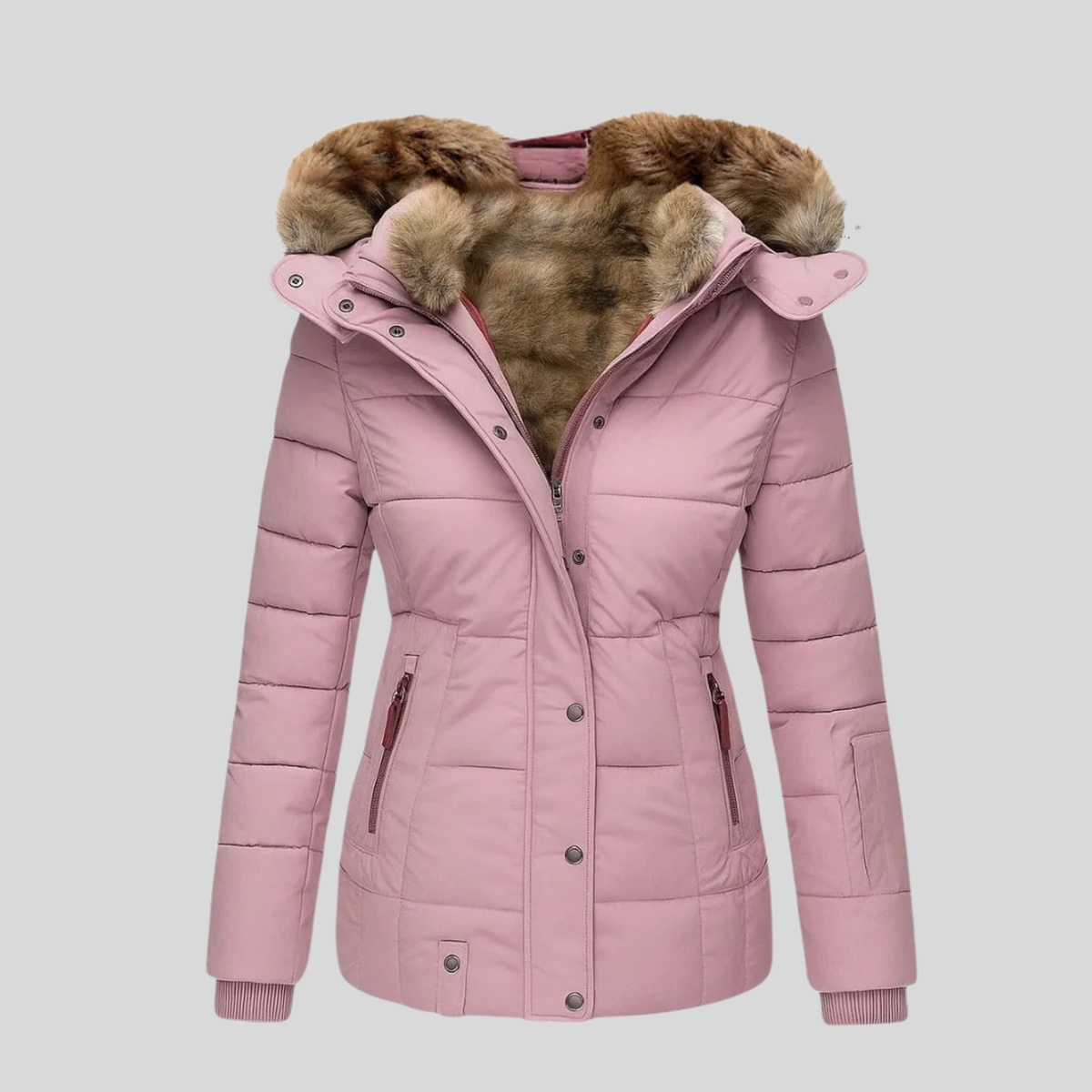 Evelina - parka trapuntato con cappuccio in pelliccia da donna, colore rosa