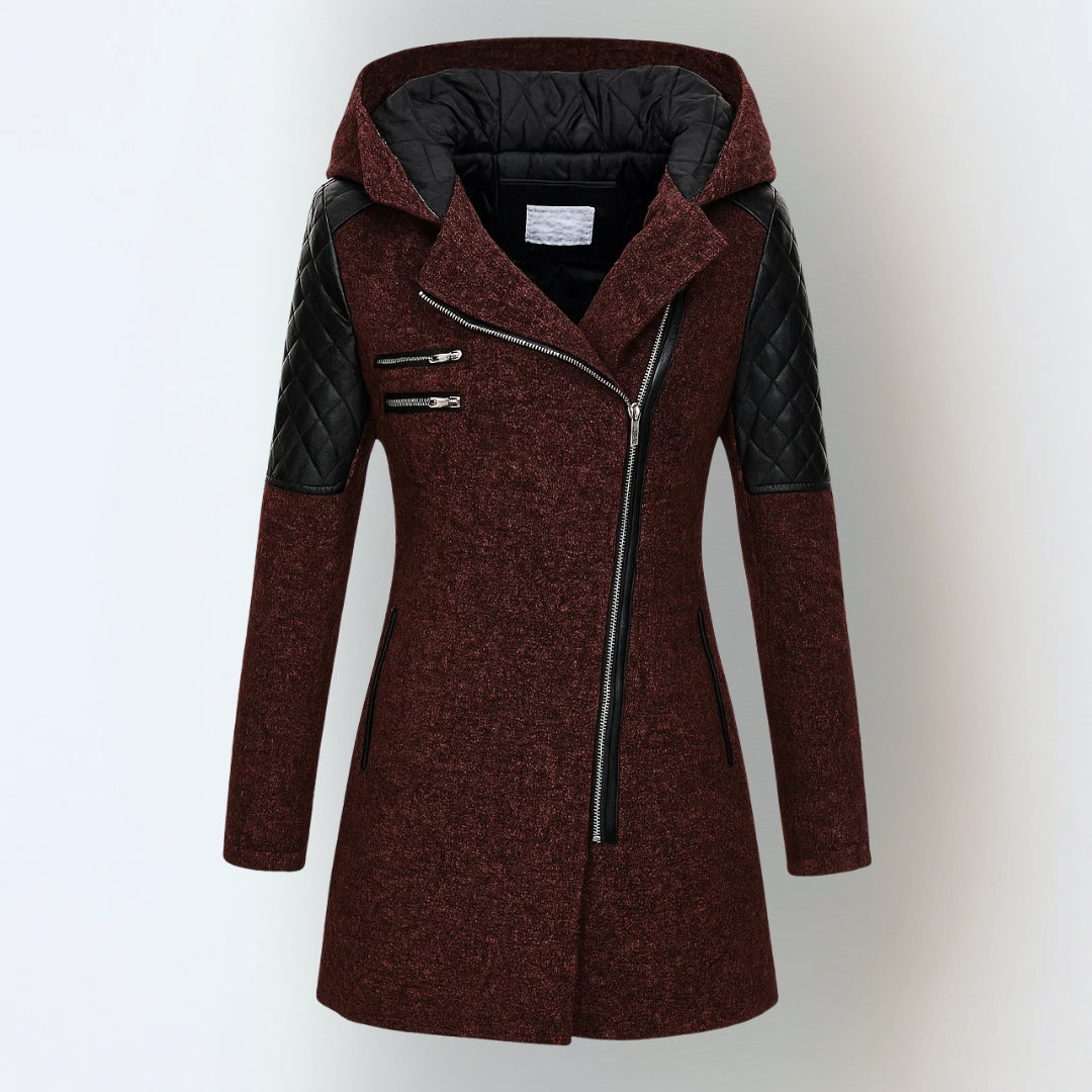 Cesarina - cappotto con zip asimmetrica e cappuccio da donna, colore rosso