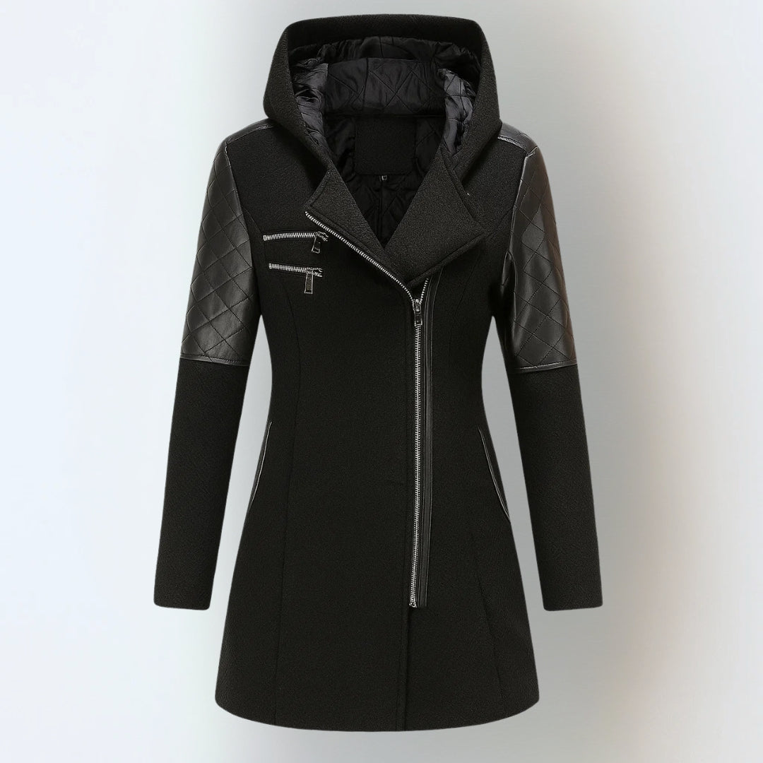 Cesarina - cappotto con zip asimmetrica e cappuccio da donna, colore nero