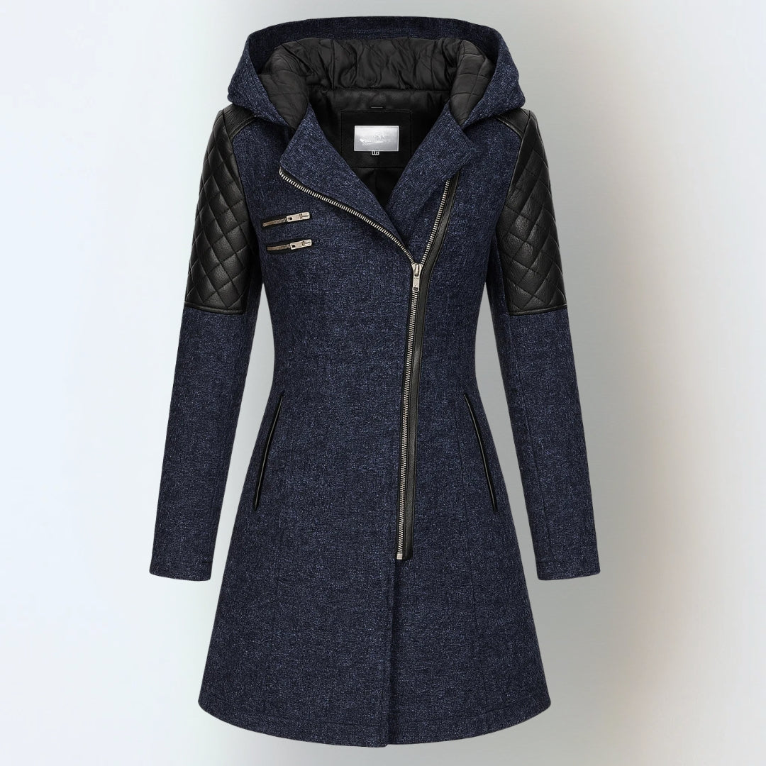 Cesarina - cappotto con zip asimmetrica e cappuccio da donna, colore blu