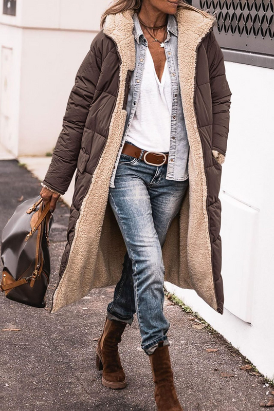 Marcellina - cappotto reversibile con cappuccio da donna, colore marrone