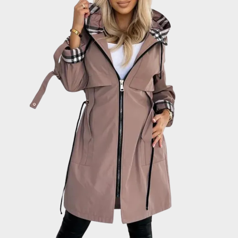 Zelinda - cappotto con zip e cappuccio da donna, colore marrone