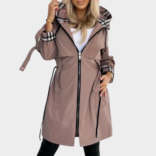 Zelinda - cappotto con zip e cappuccio da donna, colore marrone
