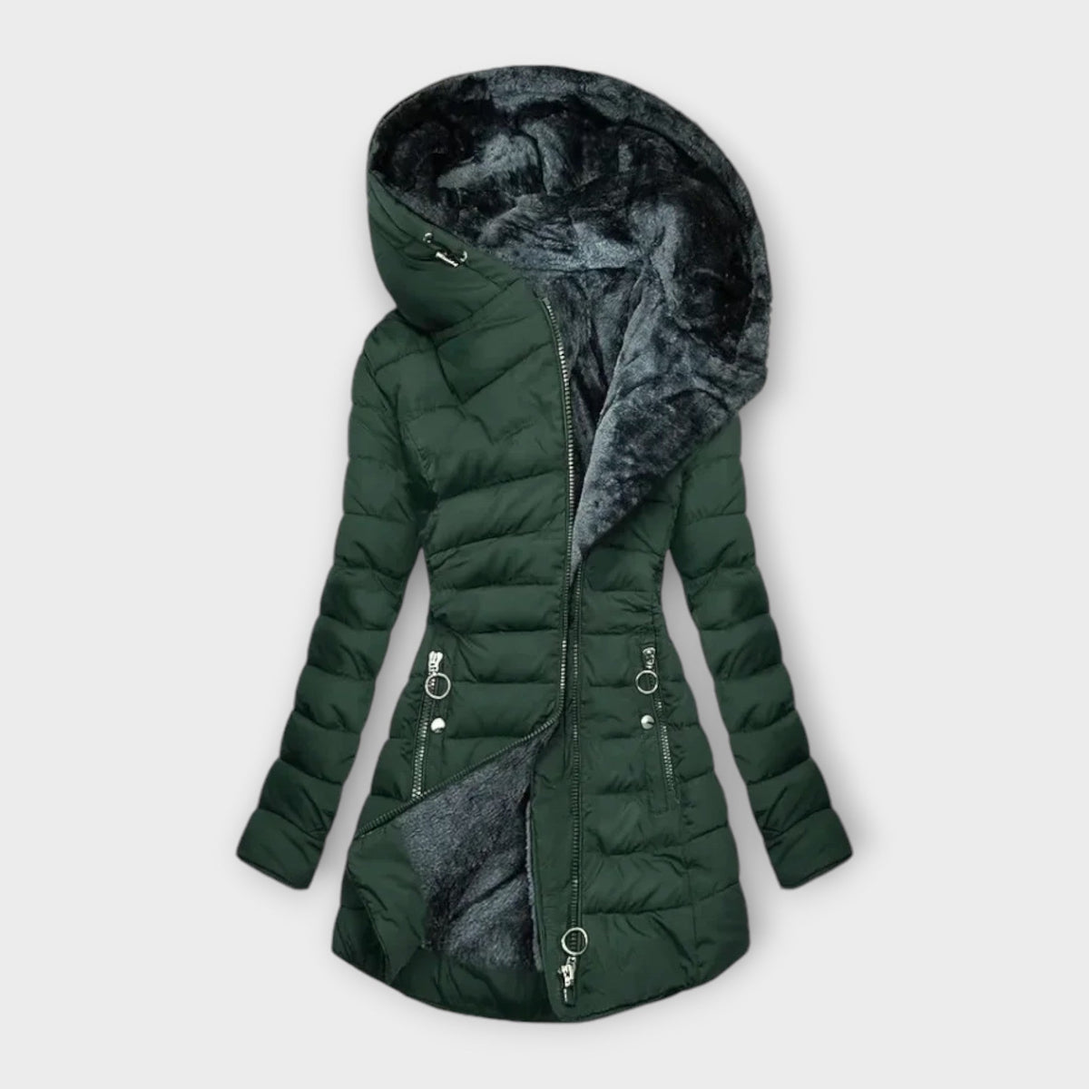 Natalia - piumino trapuntato con cappuccio in pile da donna, colore verde scuro