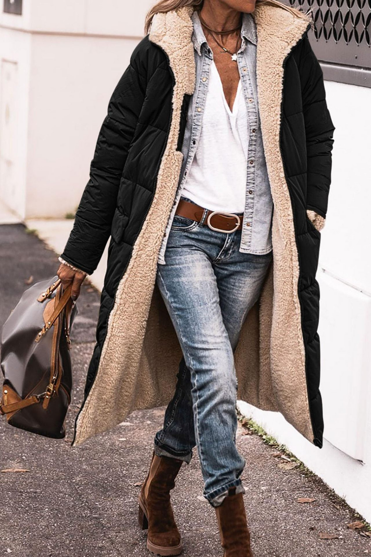 Marcellina - cappotto reversibile con cappuccio da donna, colore nero