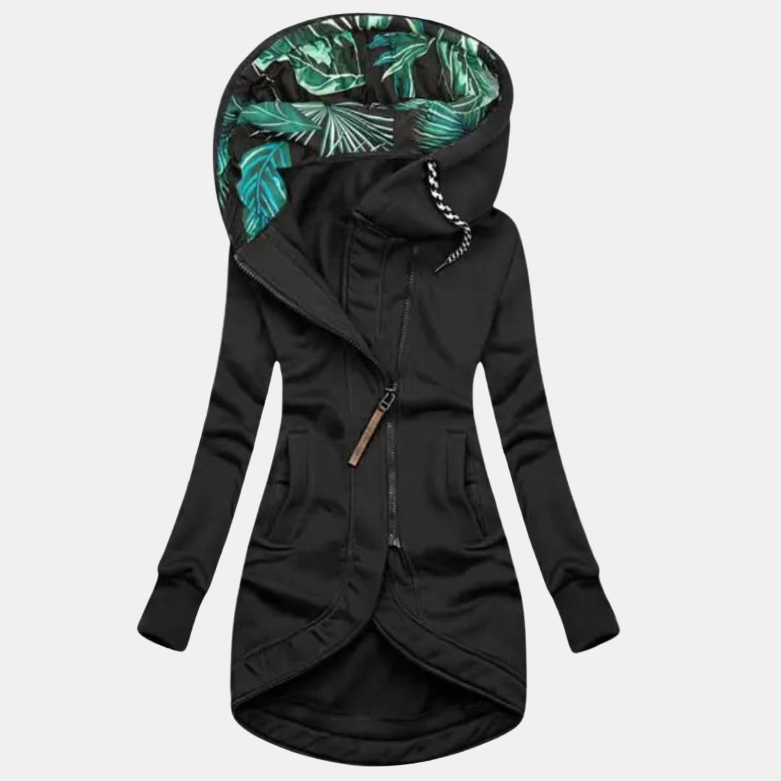 Ludmilla - giacca impermeabile asimmetrica con cappuccio da donna, colore nero