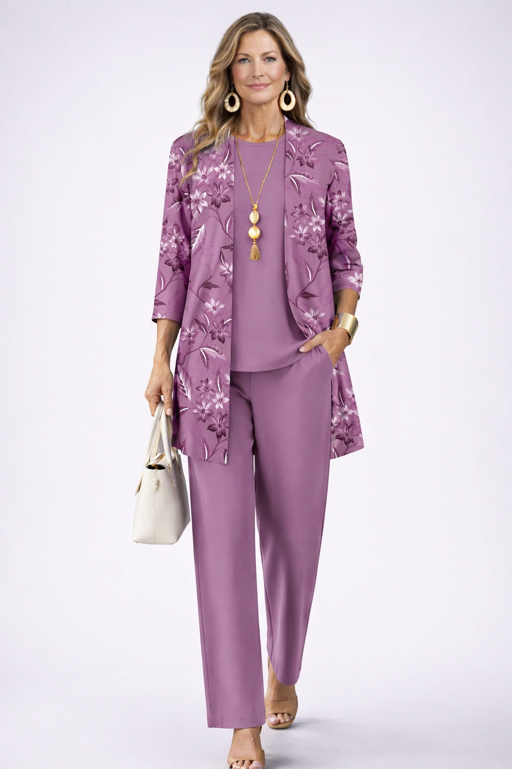 Carmela - Completo tre pezzi con cardigan lungo Lilla