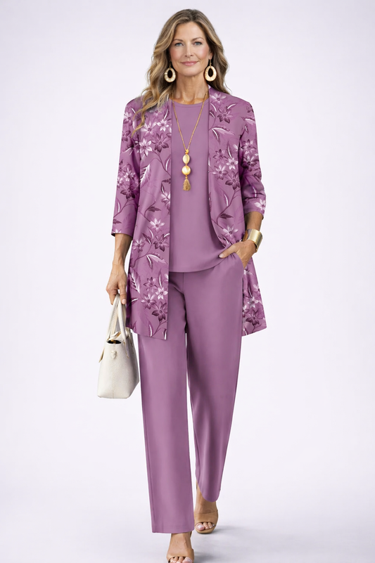 Carmela - Completo tre pezzi con cardigan lungo Lilla