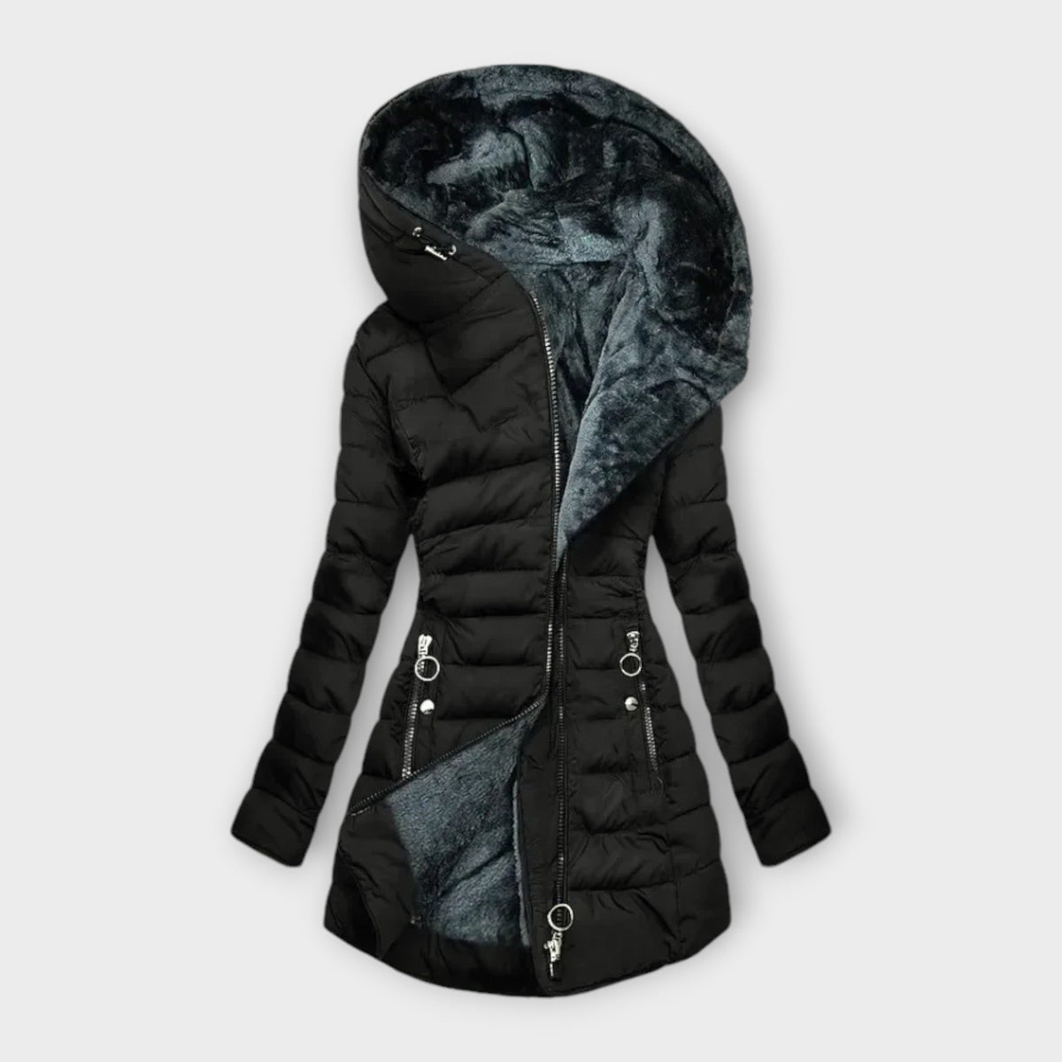 Natalia - piumino trapuntato con cappuccio in pile da donna, colore nero