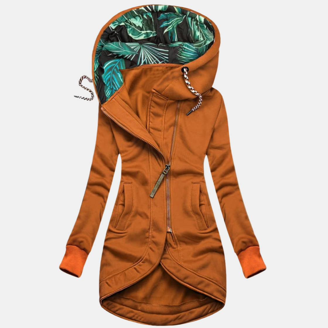 Ludmilla - giacca impermeabile asimmetrica con cappuccio da donna, colore arancione