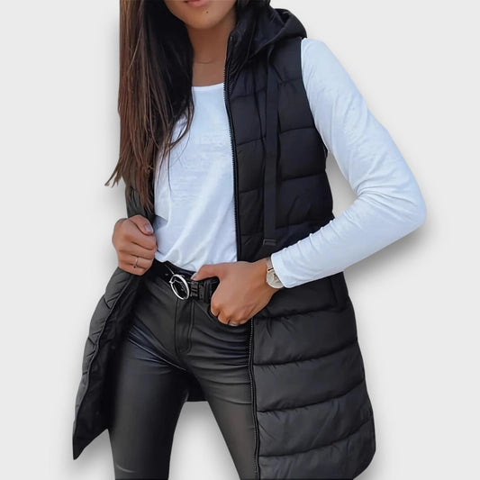 Graziana - gilet trapuntato con cappuccio da donna, colore nero