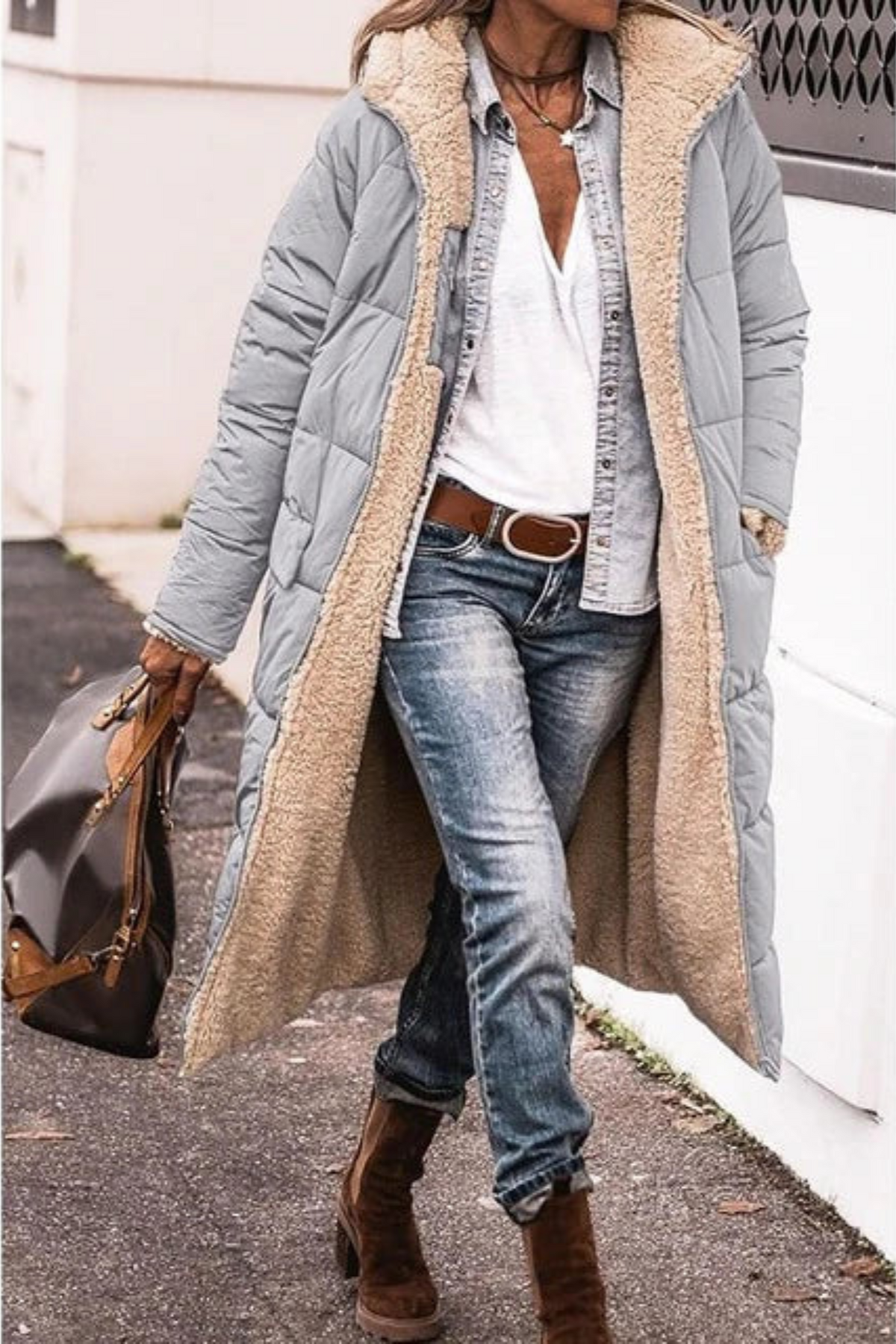 Marcellina - cappotto reversibile con cappuccio da donna, colore grigio
