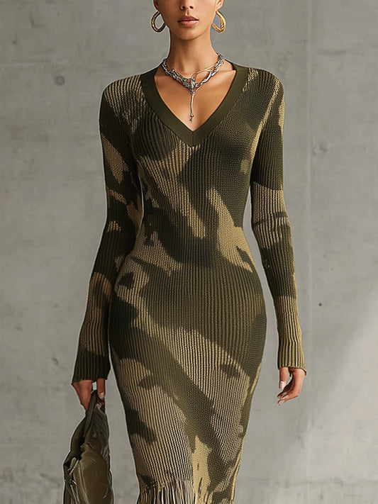 Mirta - abito Lungo in Maglia Mimetica con Frange da donna, colore verde oliva, vista 2