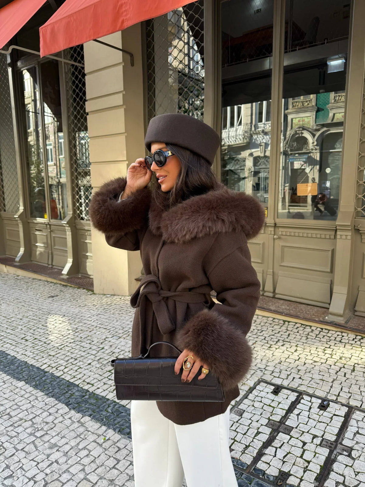 Lea - cappotto Marrone con Bordi in Pelliccia da donna, colore marrone, vista 4