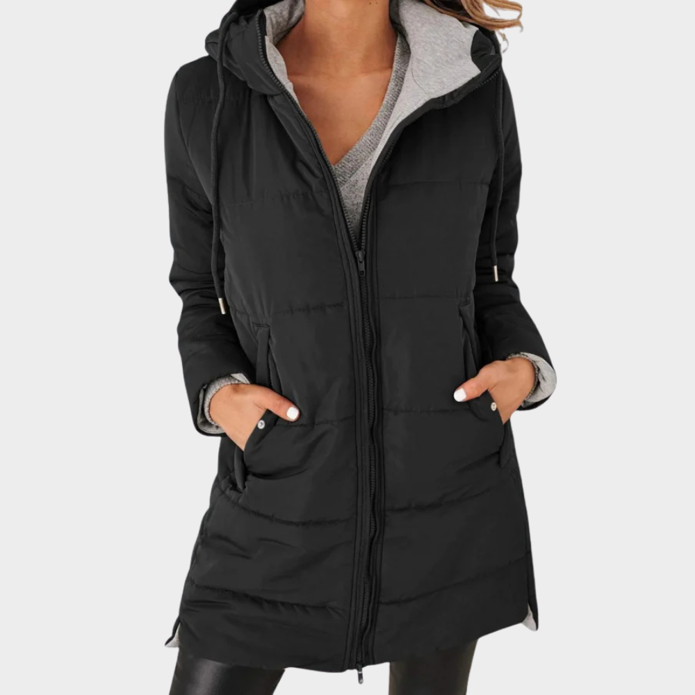 Iride - piumino lungo con cappuccio casual da donna, colore nero