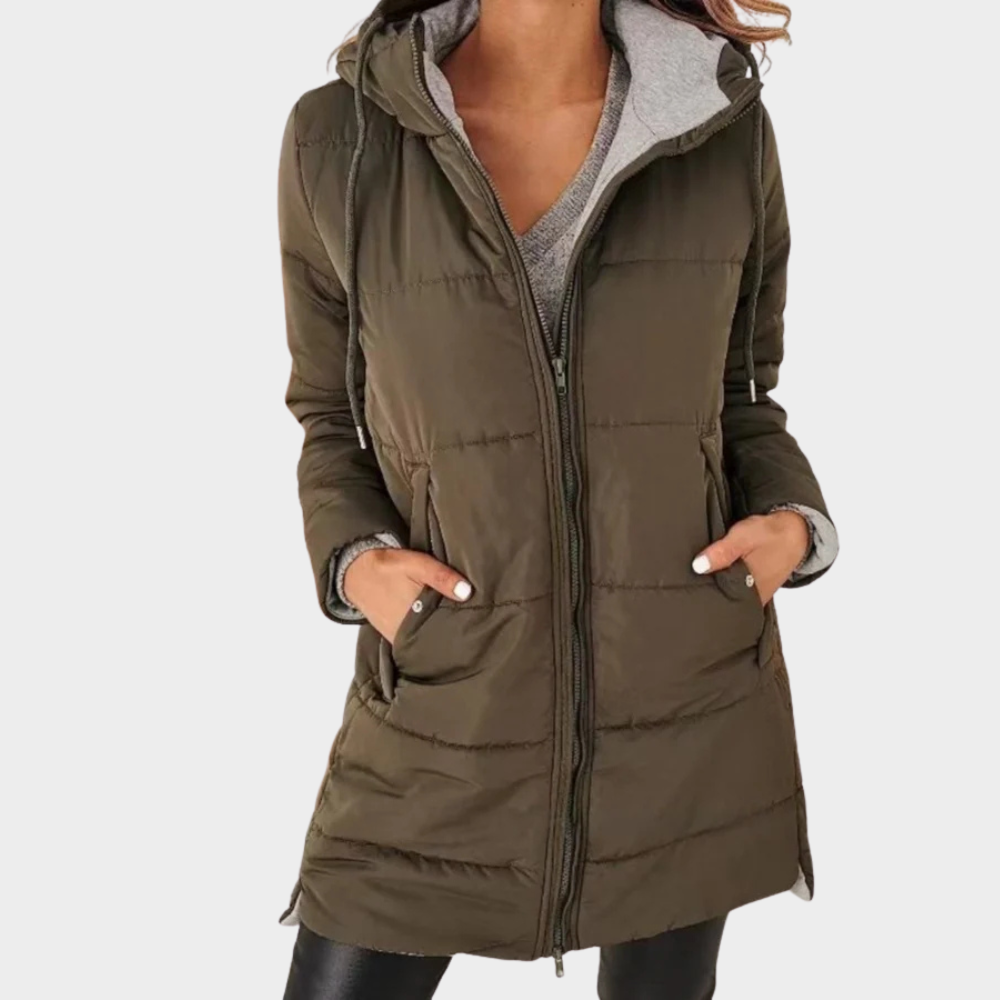 Iride - piumino lungo con cappuccio casual da donna, colore verde militare