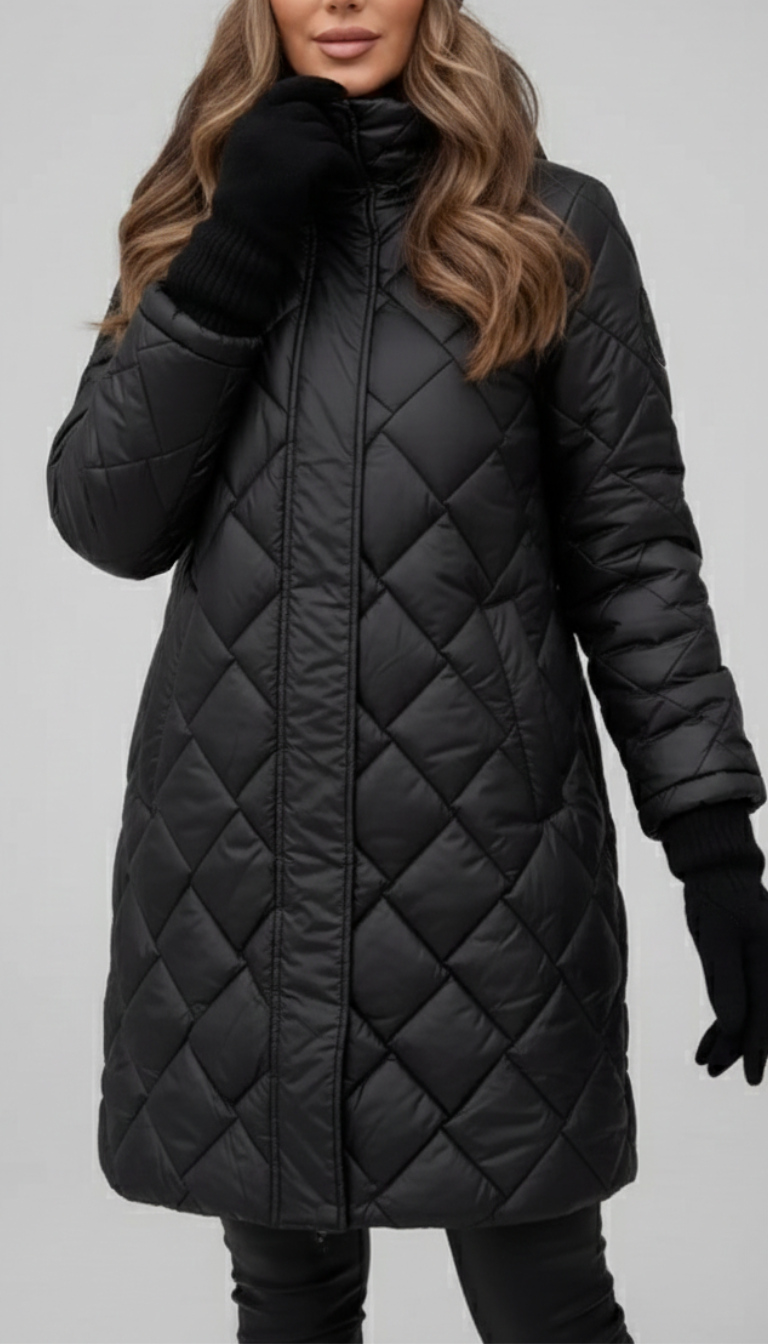 Elide - piumino trapuntato lungo con cappuccio da donna, colore nero