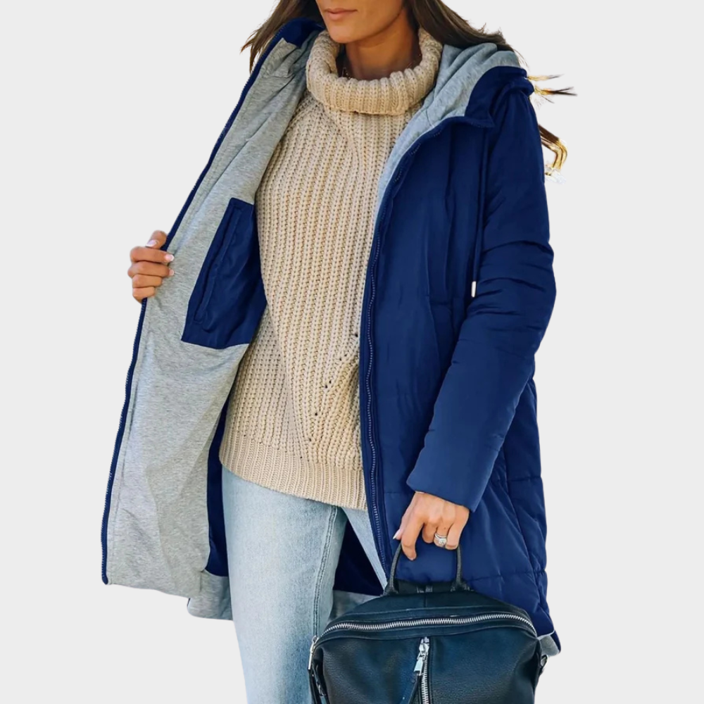 Iride - piumino lungo con cappuccio casual da donna, colore blu